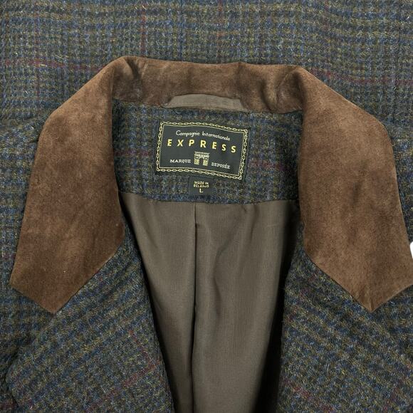 Express Suede Collar Wool Plaid Blazer Jacket Suede Gray Brown Size L - Picture 9 of 11